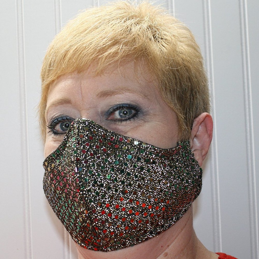 HAND CRAFTED Face Mask Rainbow Confetti Dot Sequin - Adult - Shield Style